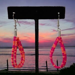 Seed Bead TearDrop Earrings Pink Coral Silver Tone Summer Festival Dangle Spring